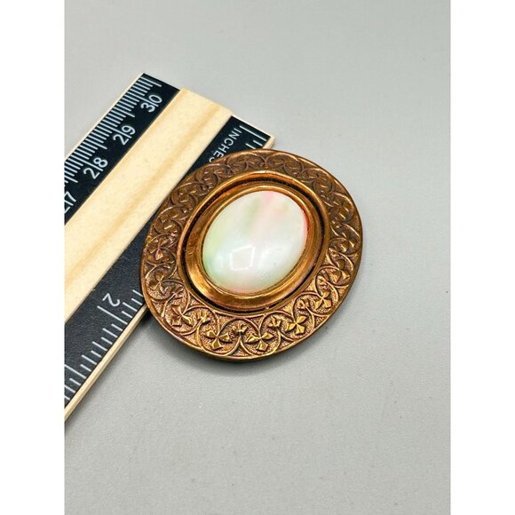 Vintage Copper Oval Brooch with Ornate Design & Faux Mother of Pearl Center - Picture 5 of 5